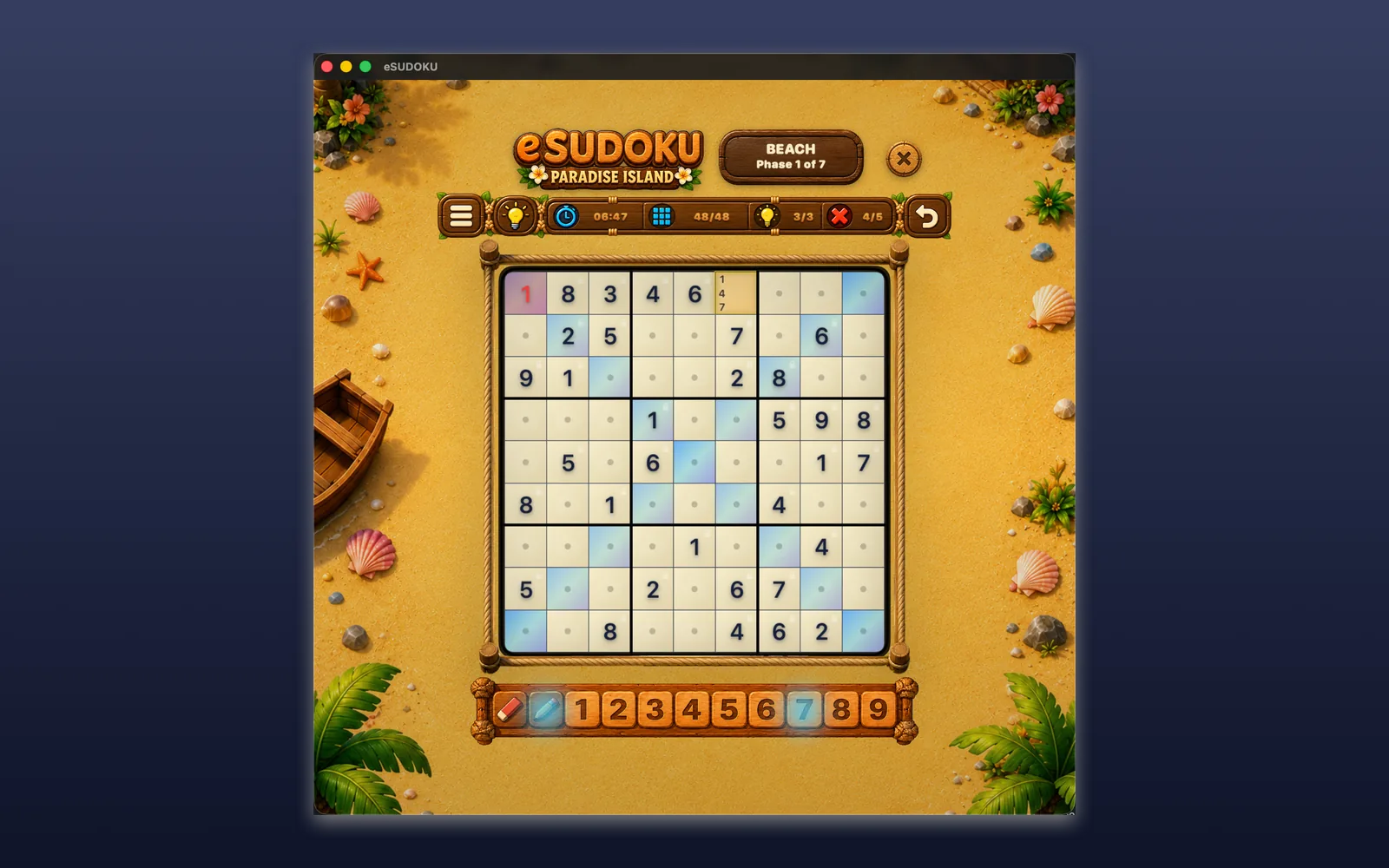 Modo notas durante uma partida do eSUDOKU.